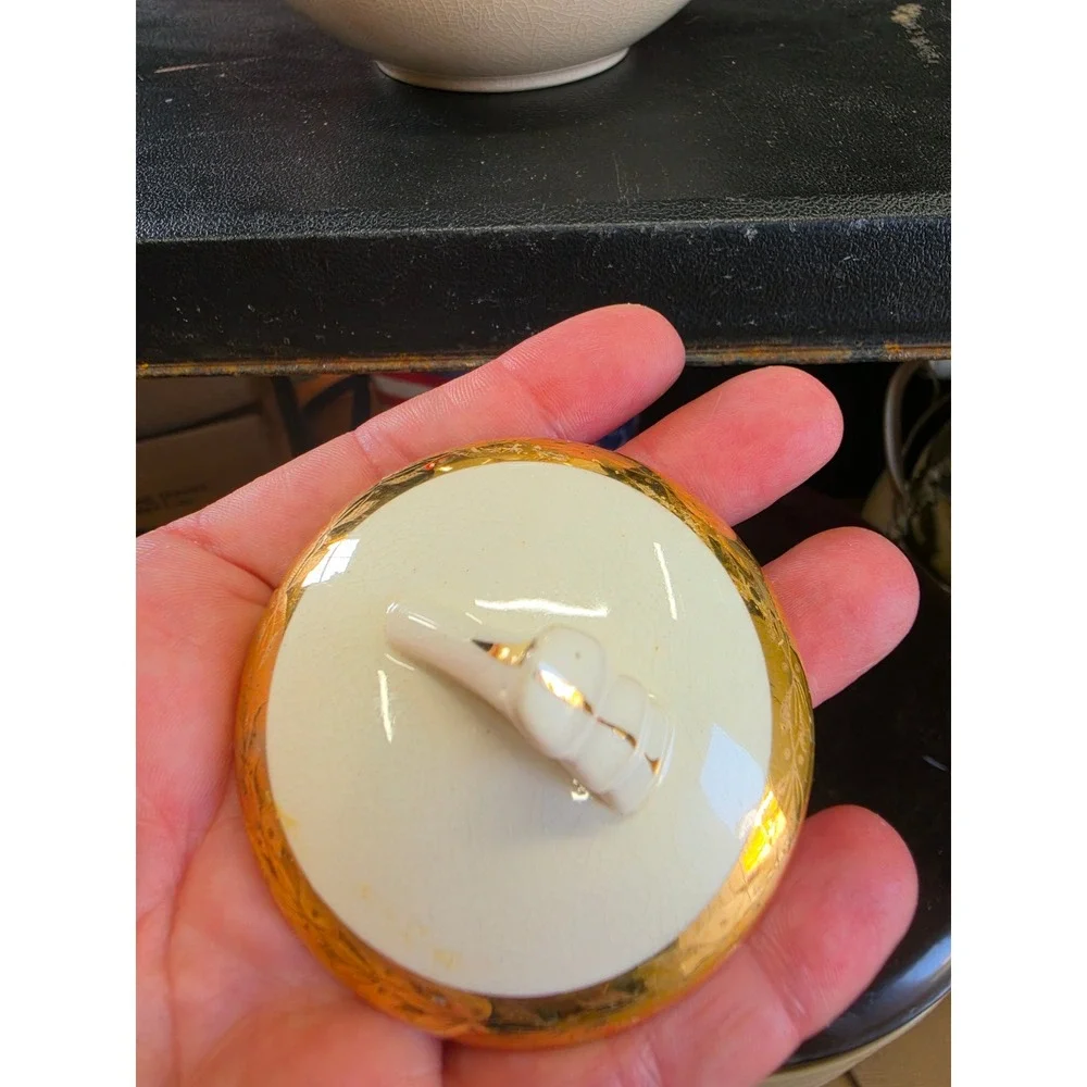 Vintage Floral Ceramic Sugar Bowl with Lid 22K Gold Trim Crazed Glaze Cream